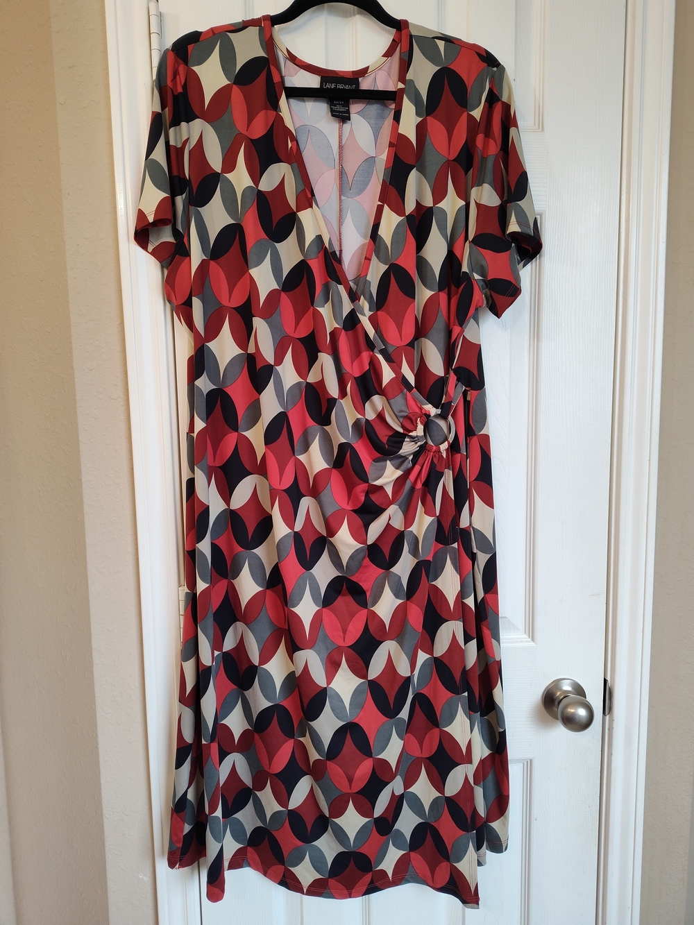 Lane Bryant Red Black Cream Geometric Midi Wrap Dress